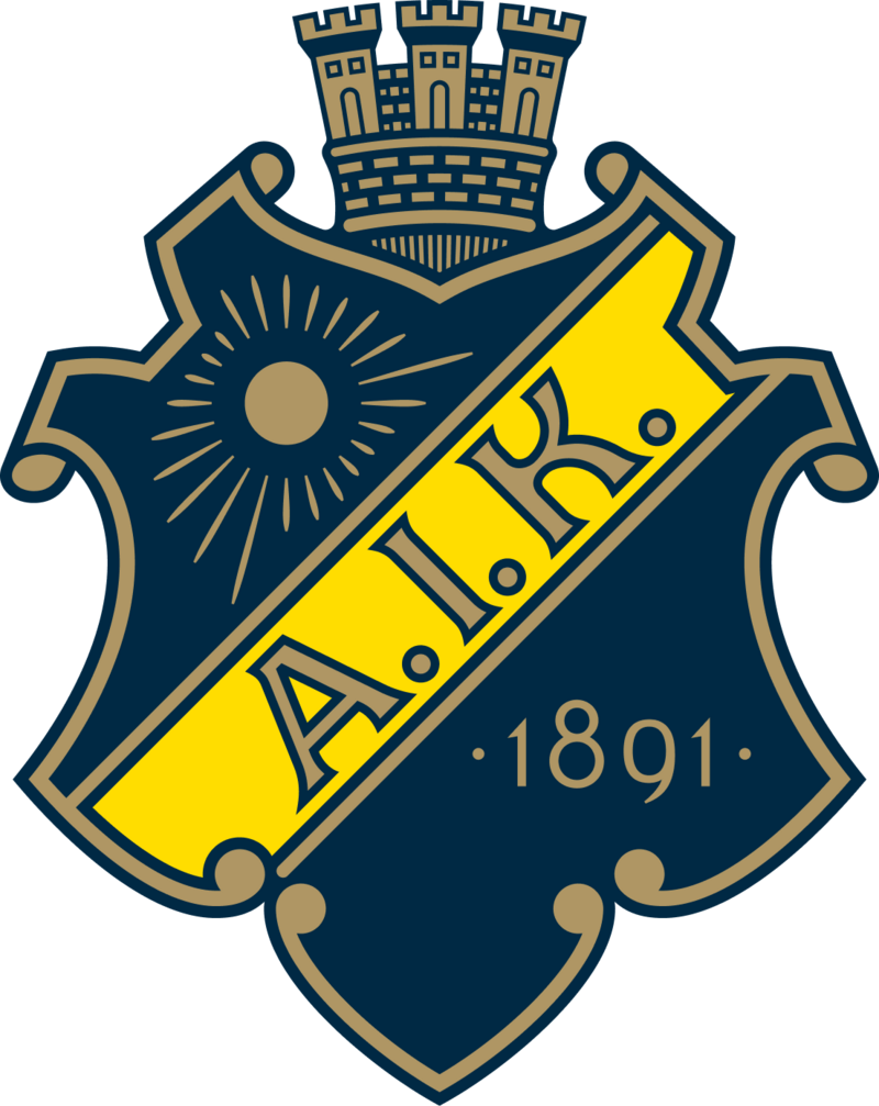 AIK Amerikansk Fotboll Bilden visar AIK:s logotyp med en mörkblå och gul sköld med A.I.K. skrivet diagonalt och 1891 nedanför. Till vänster syns ett solutbrott och högst upp på skölden en slottskrona.