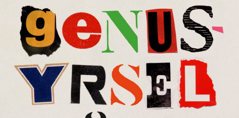 Text gjord av utklippta tidningsbokstäver stavar genUS YRSEL i olika färger och typsnitt på en enfärgad bakgrund.