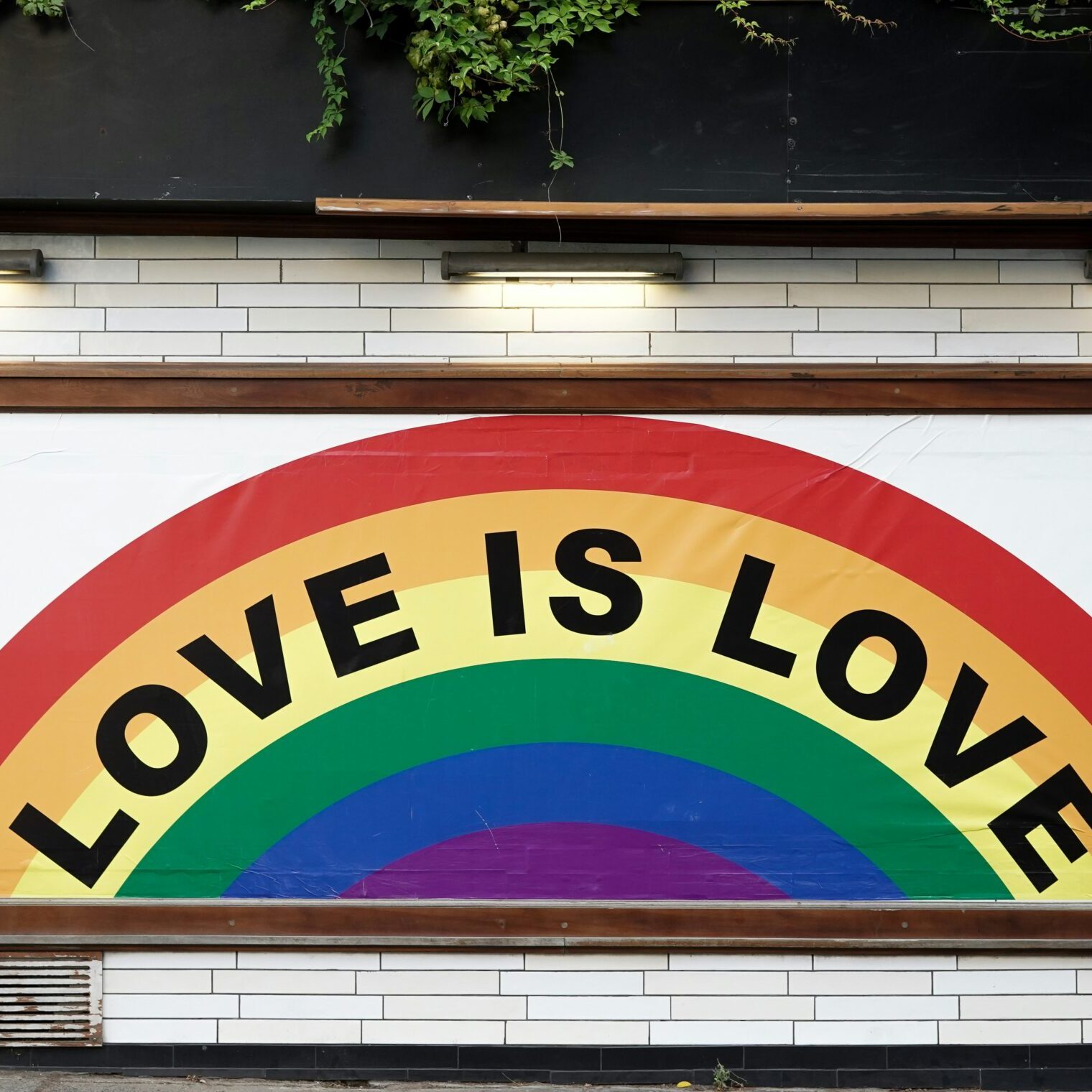 En skylt visar en regnbåge med orden LOVE IS LOVE i feta svarta bokstäver, bredvid en liten text där det står WE LIKE YOU TOO, mot en vit kaklad vägg med grönska ovanför.